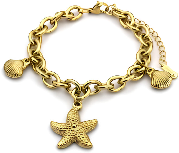 HZ Goudkleurige stainless steel armband met zeester en schelpen