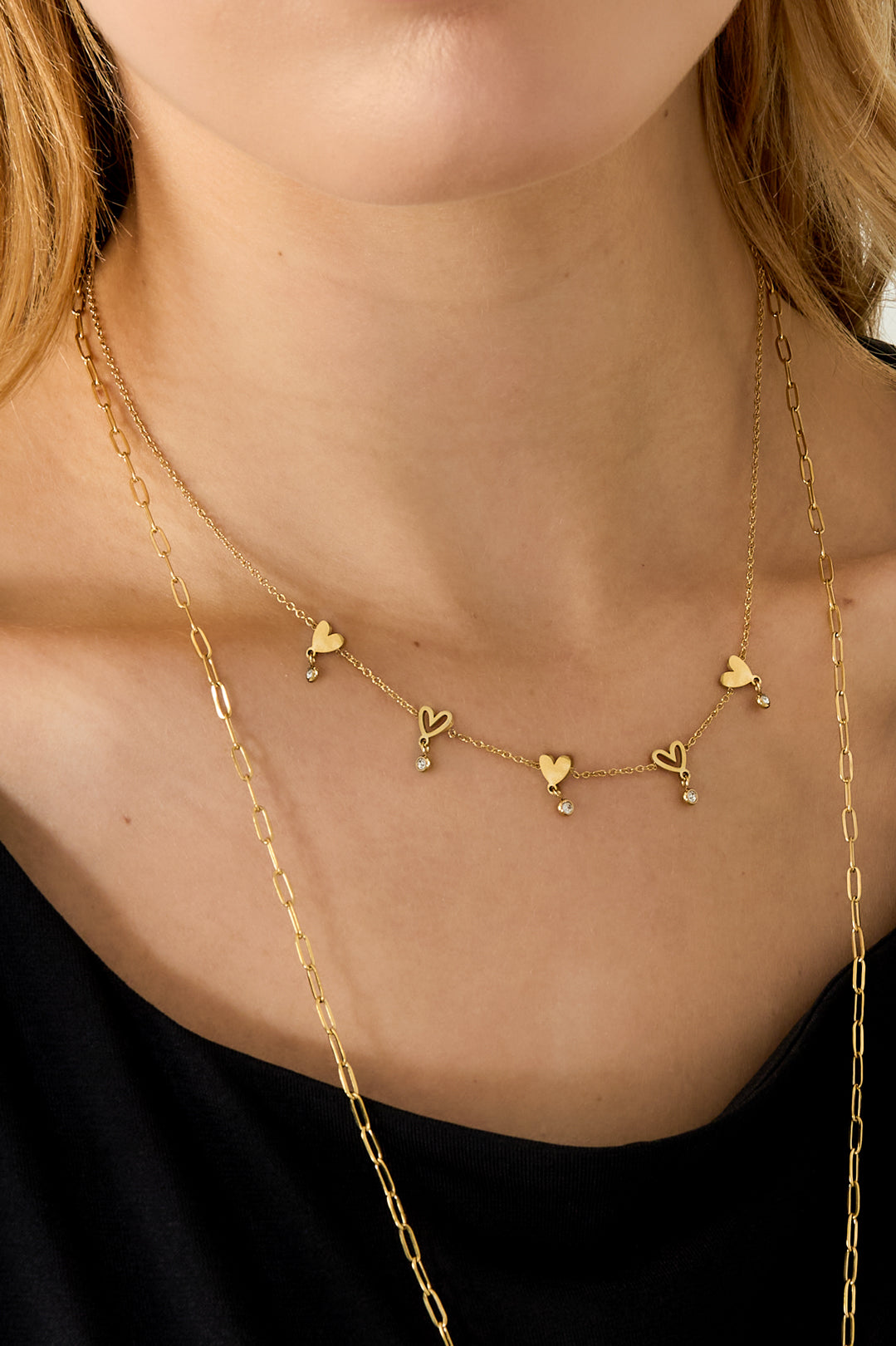 Stainless Steel Ketting met hartjes en hangende steentjes
