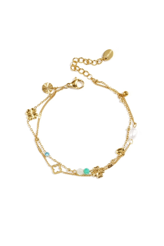 Stainless Steel 2 laags armband met klaver, kraaltjes en steentjes
