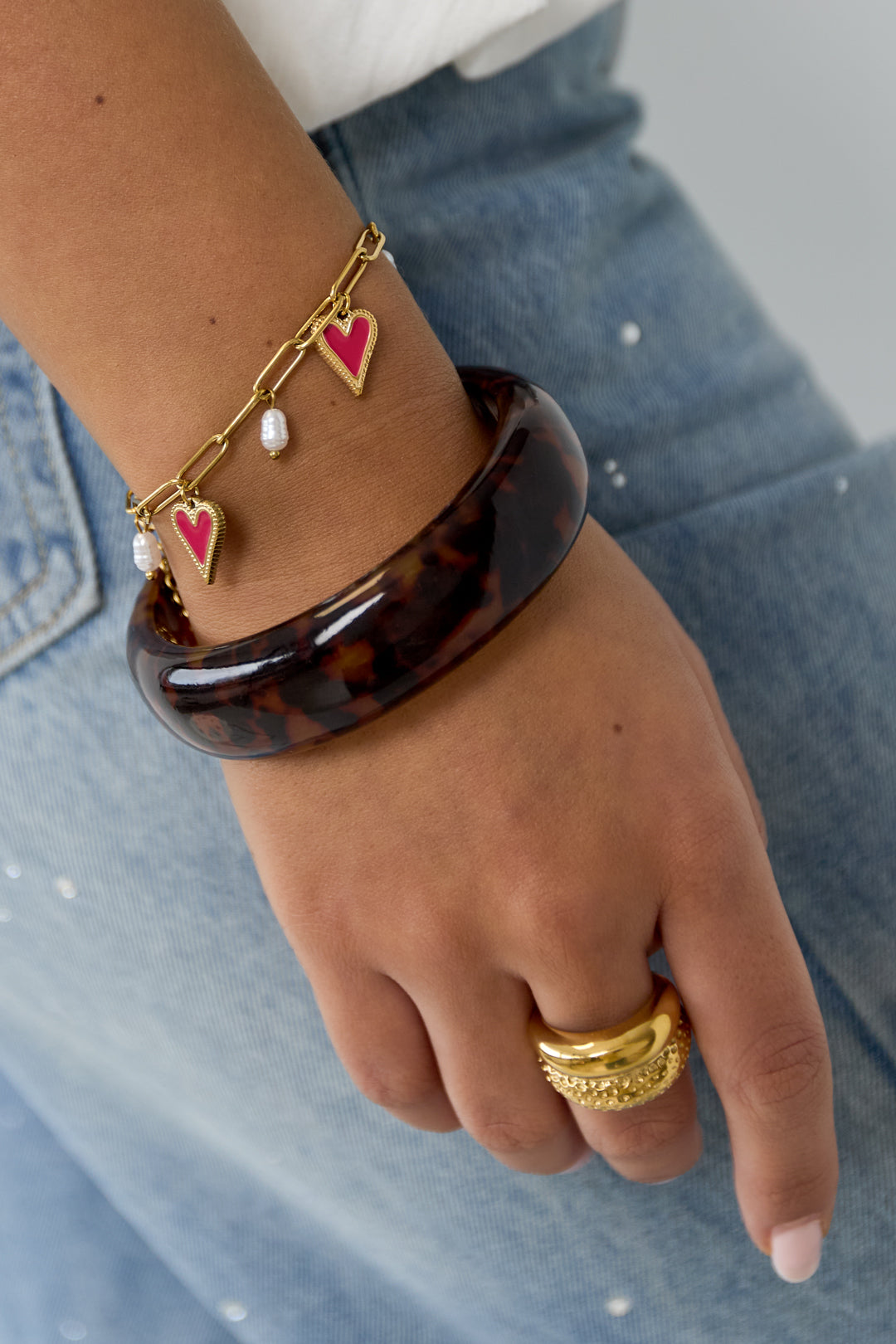 Stainless Steel Schakel armband met parels en hart charms