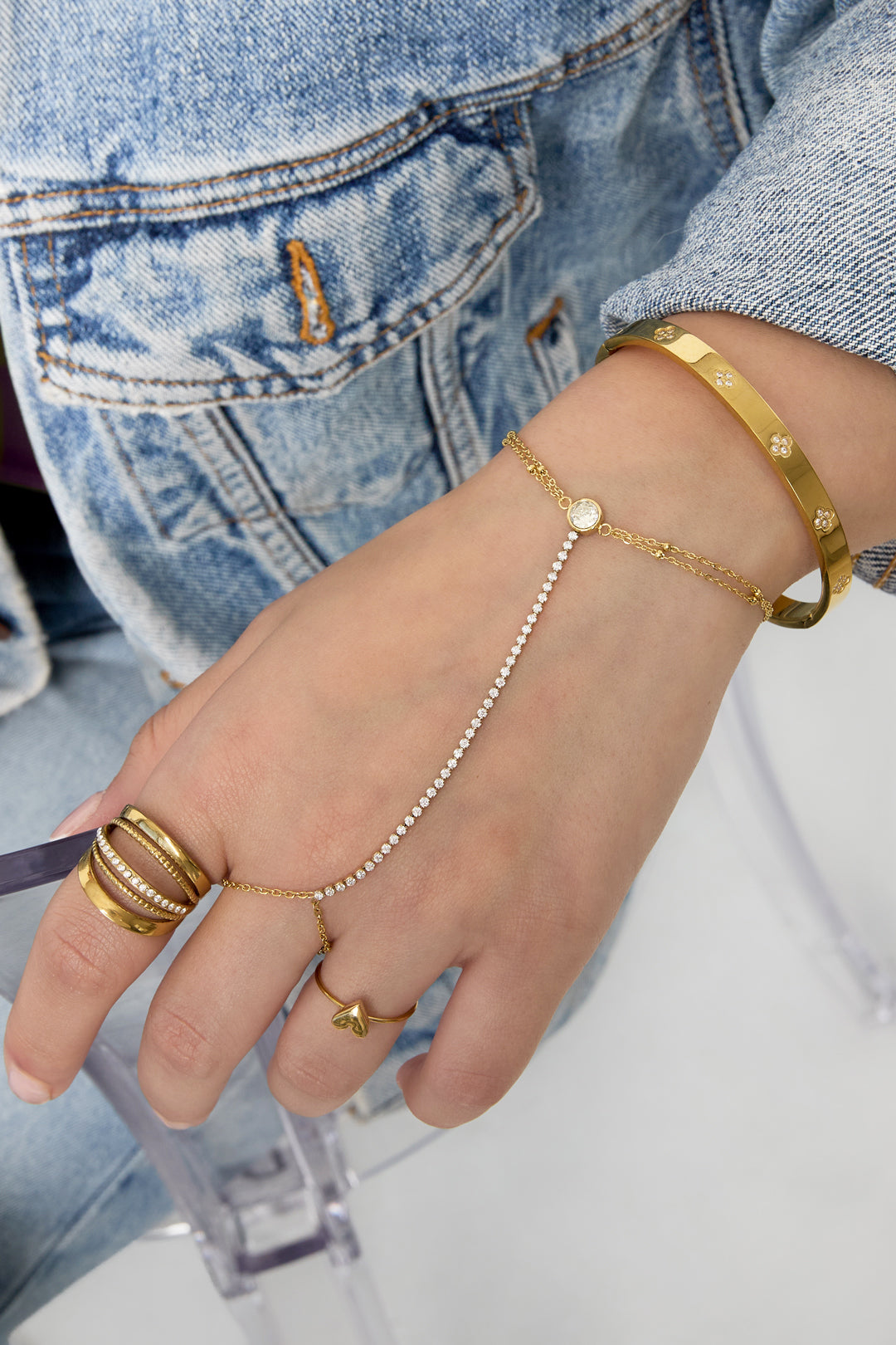 Handchain tennis-style 14k verguld met statement steen