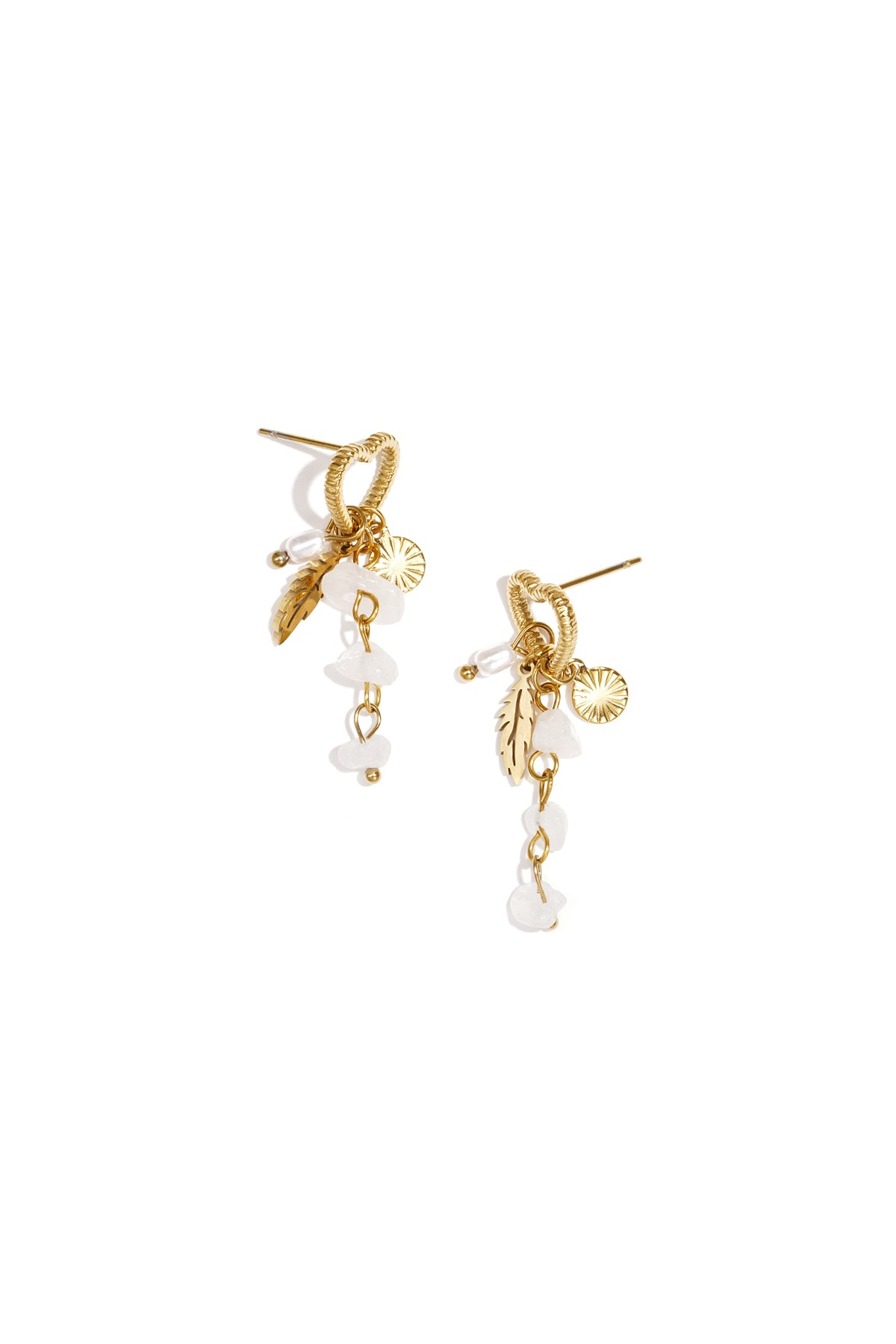 Stainless steel oorbellen met parel hanger, witte steentjes en veer