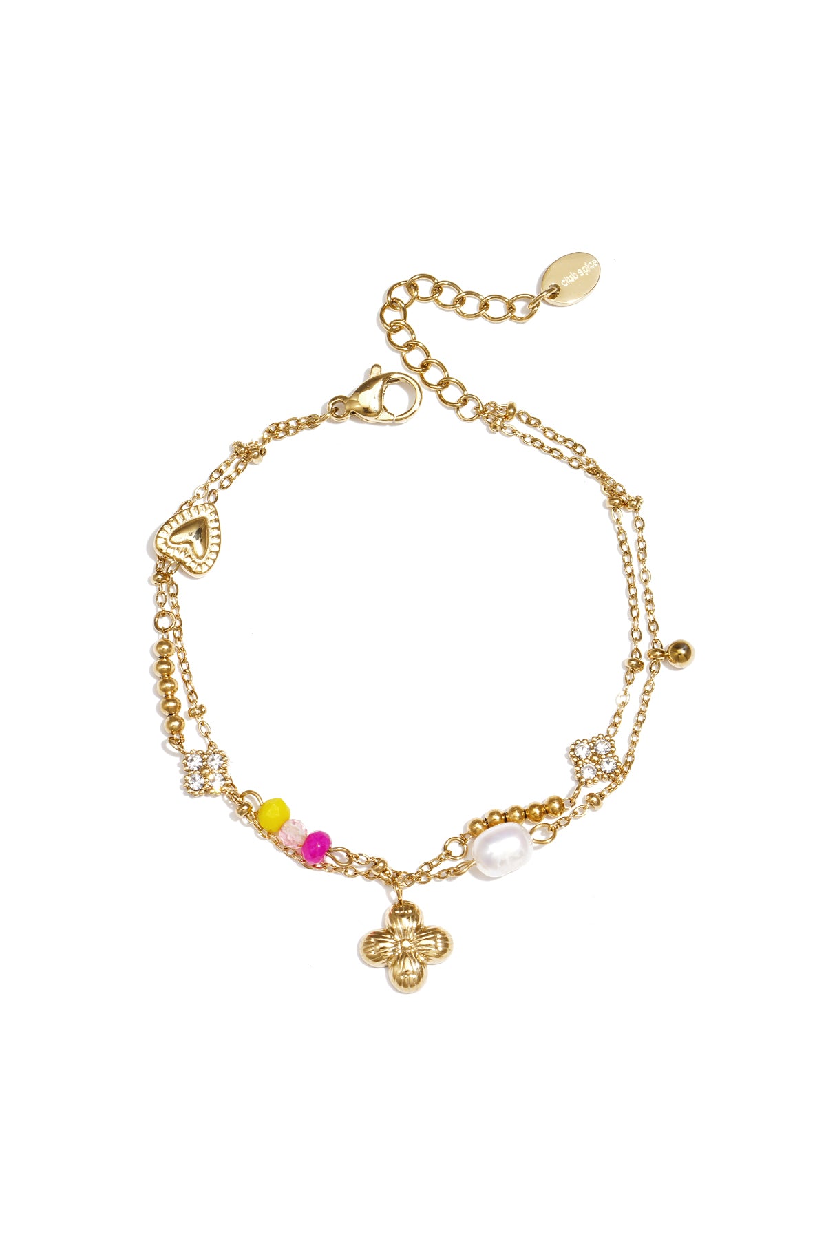 Stainless steel armband met hangende klaver, parel en kralen