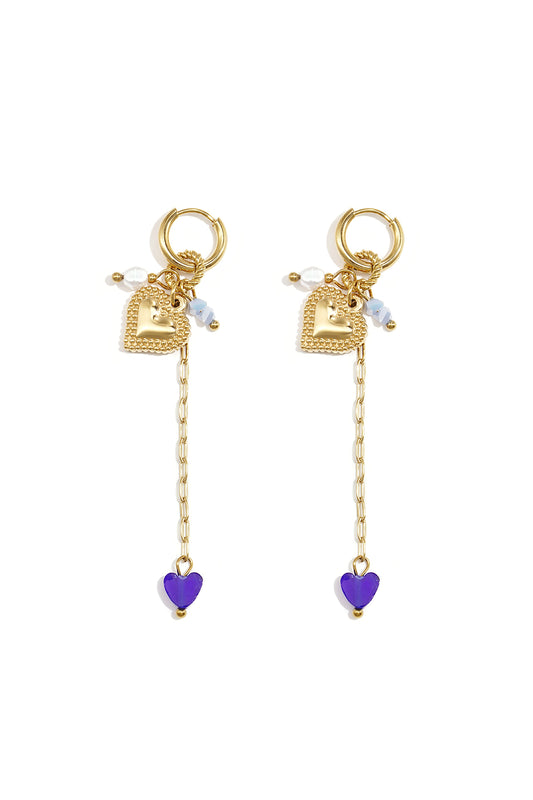 Oorringetjes met lange ketting, hart en kraaltjes