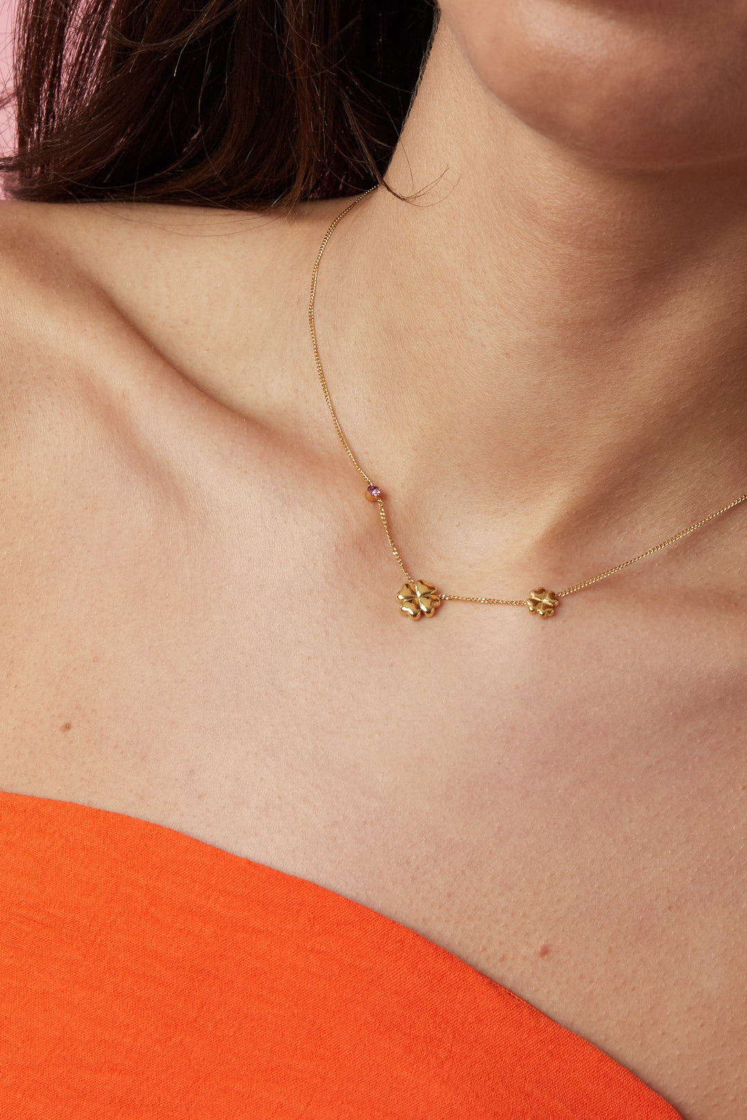 Stainless Steel Ketting met klavertjes en gekleurd steentje
