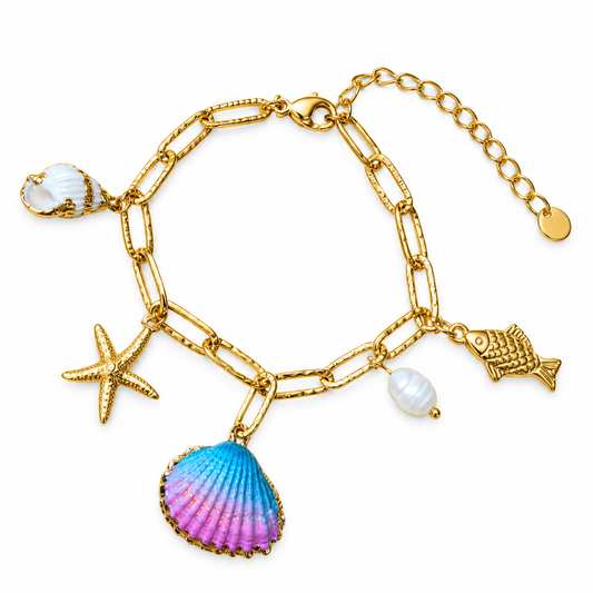 HZ Goudkleurige stainless steel armband met kleurrijke schelp en zeebedels