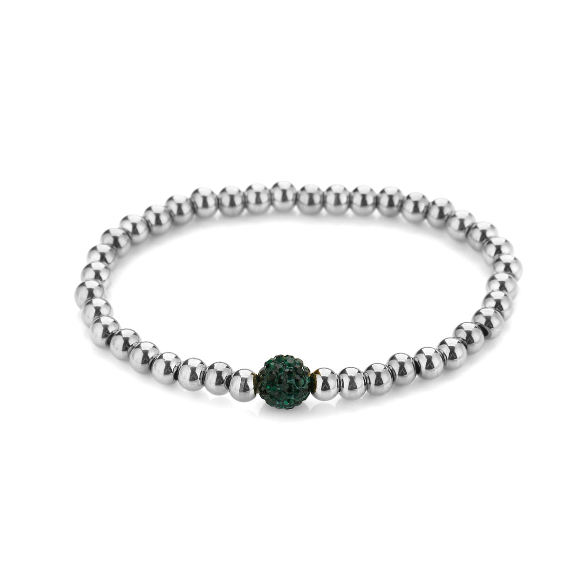 HZ Armband elastiek zilverkleur met groene kraal