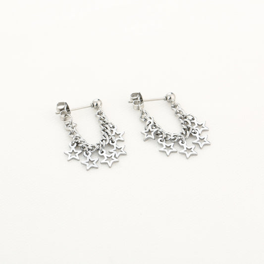 HZ Sterrendans oorbellen – zilverkleurig stainless steel met kettinkje
