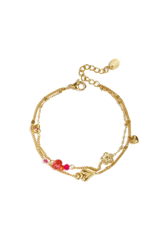 Stainless Steel 2 laags armband met hartjes bloemen en kraaltjes