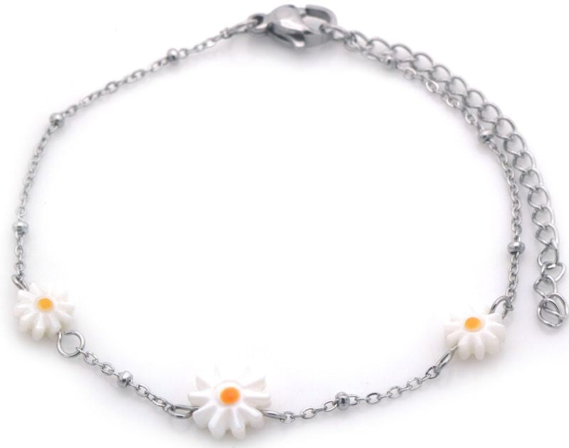 Armband S.S. witte bloemen zilverkleur