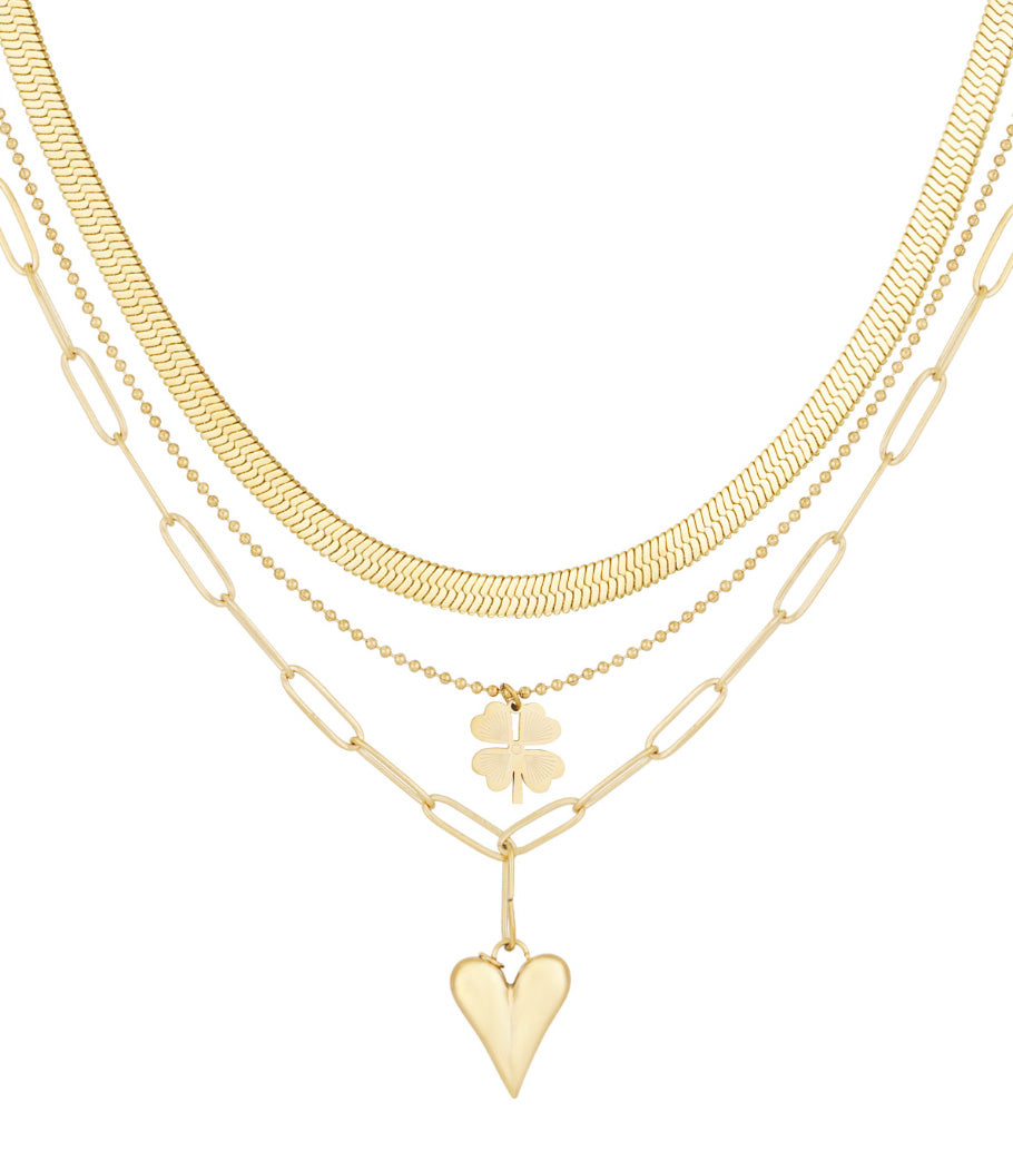 Stainless Steel drielaagse ketting klaver en hart