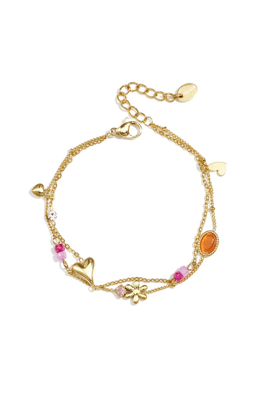 Stainless steel dubbele armband met hangers, kralen en steentjes