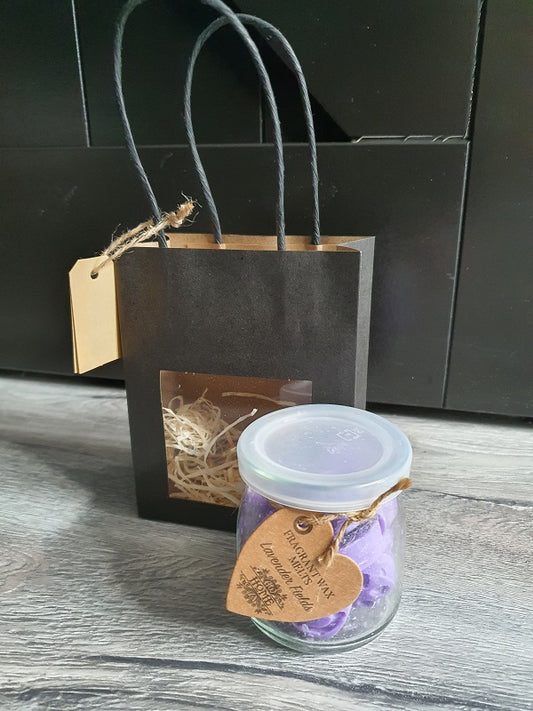 Cadeau tasje zwart met glazen pot wasmelts naar keuze