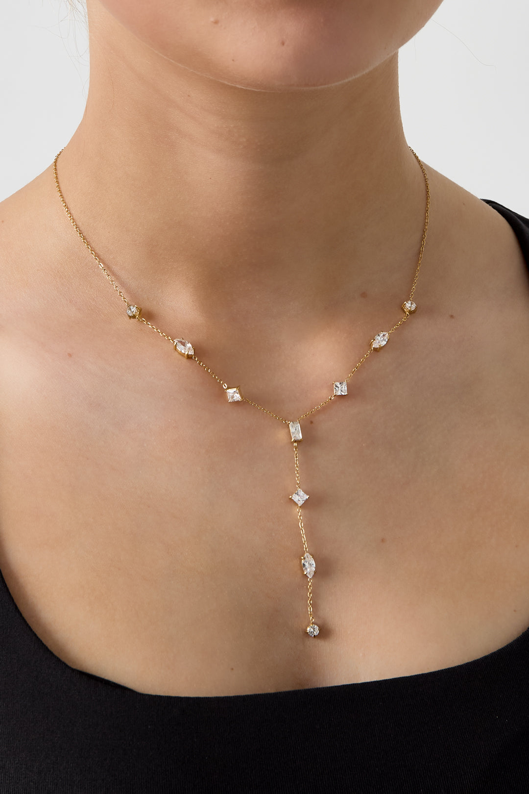 Y-lijn ketting met steentjes stainless steel goud of zilver