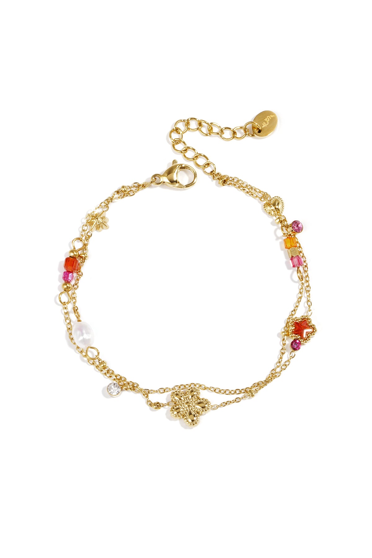 Stainless steel Bedelarmband met ster en bloemcharms, parels, steentjes en kraaltjes