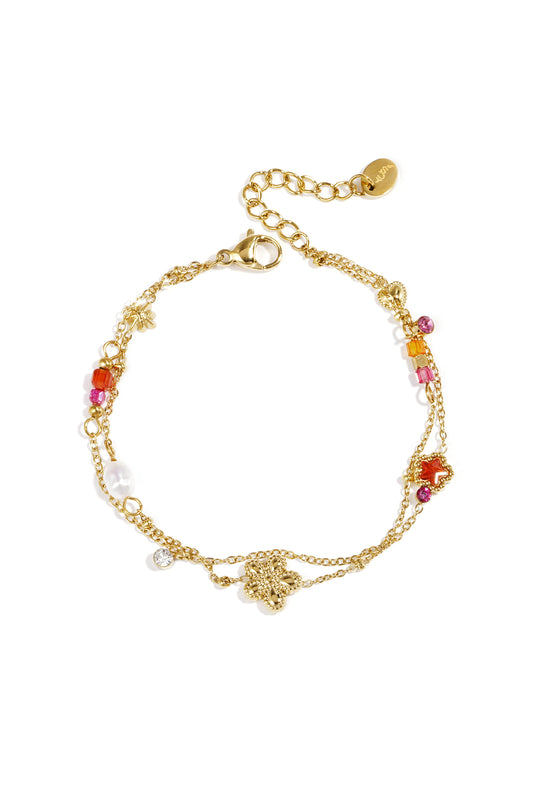 Stainless steel Bedelarmband met ster en bloemcharms, parels, steentjes en kraaltjes
