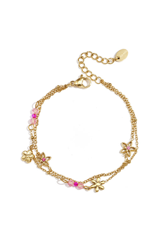 Dubbele armband 14k verguld met kleurrijke bloemetjes