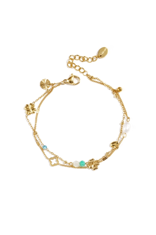 Stainless Steel 2 laags armband met klaver, kraaltjes en steentjes
